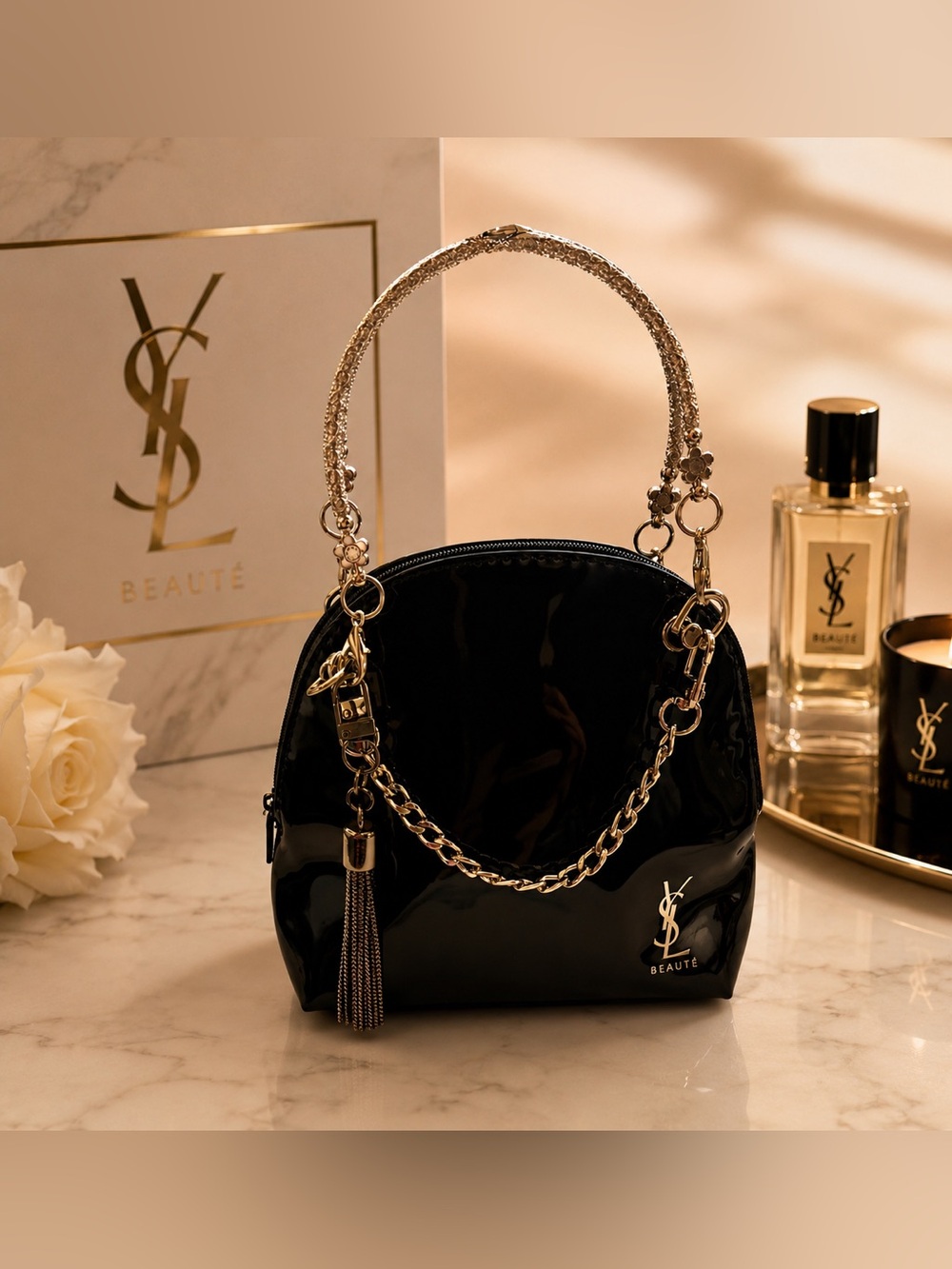 YSL Beaute! Black Patent Top-Handle cosmetic pouch